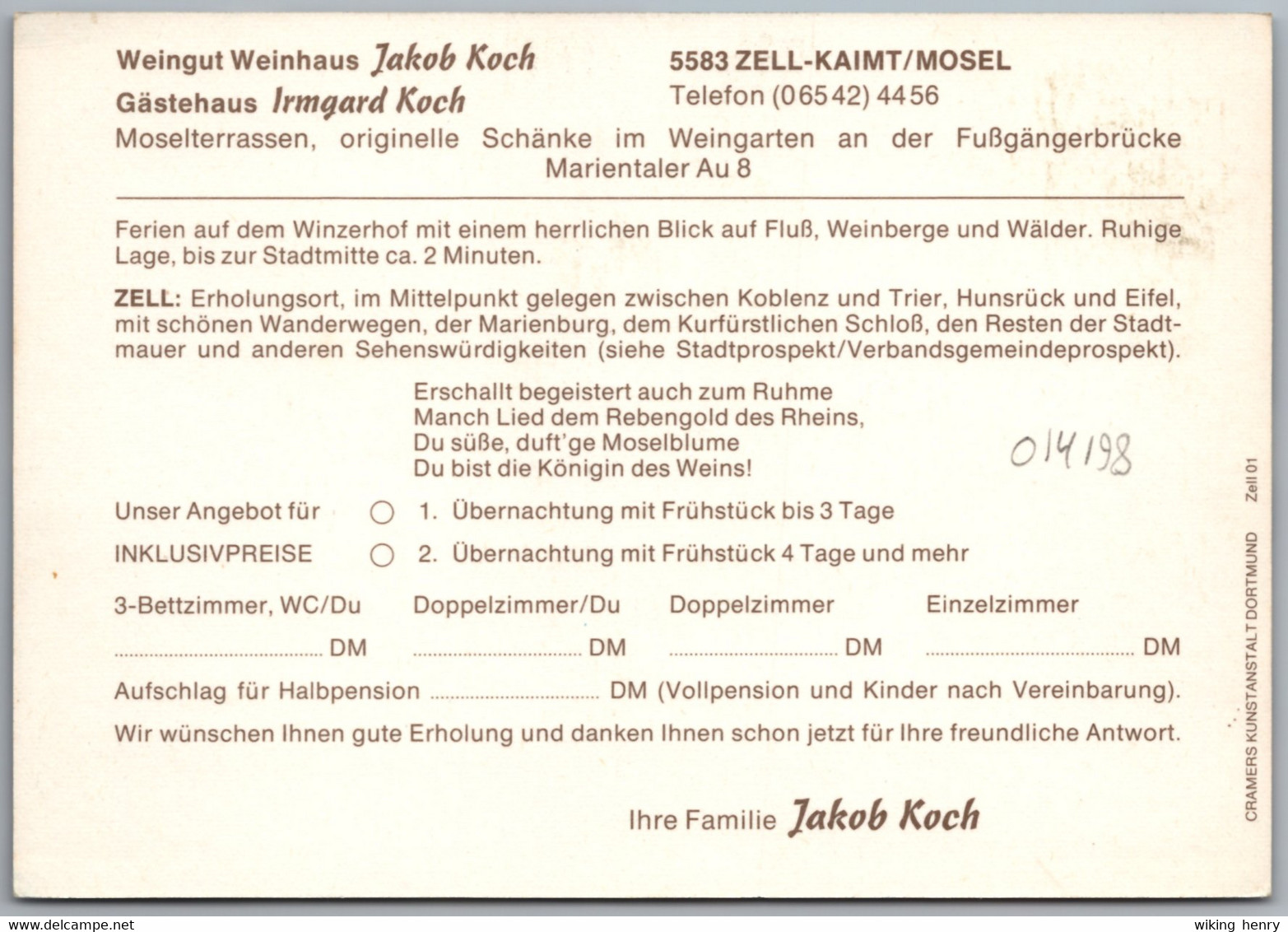 Zell An Der Mosel - Pension Weinhaus Koch 1   Werbekarte - Zell