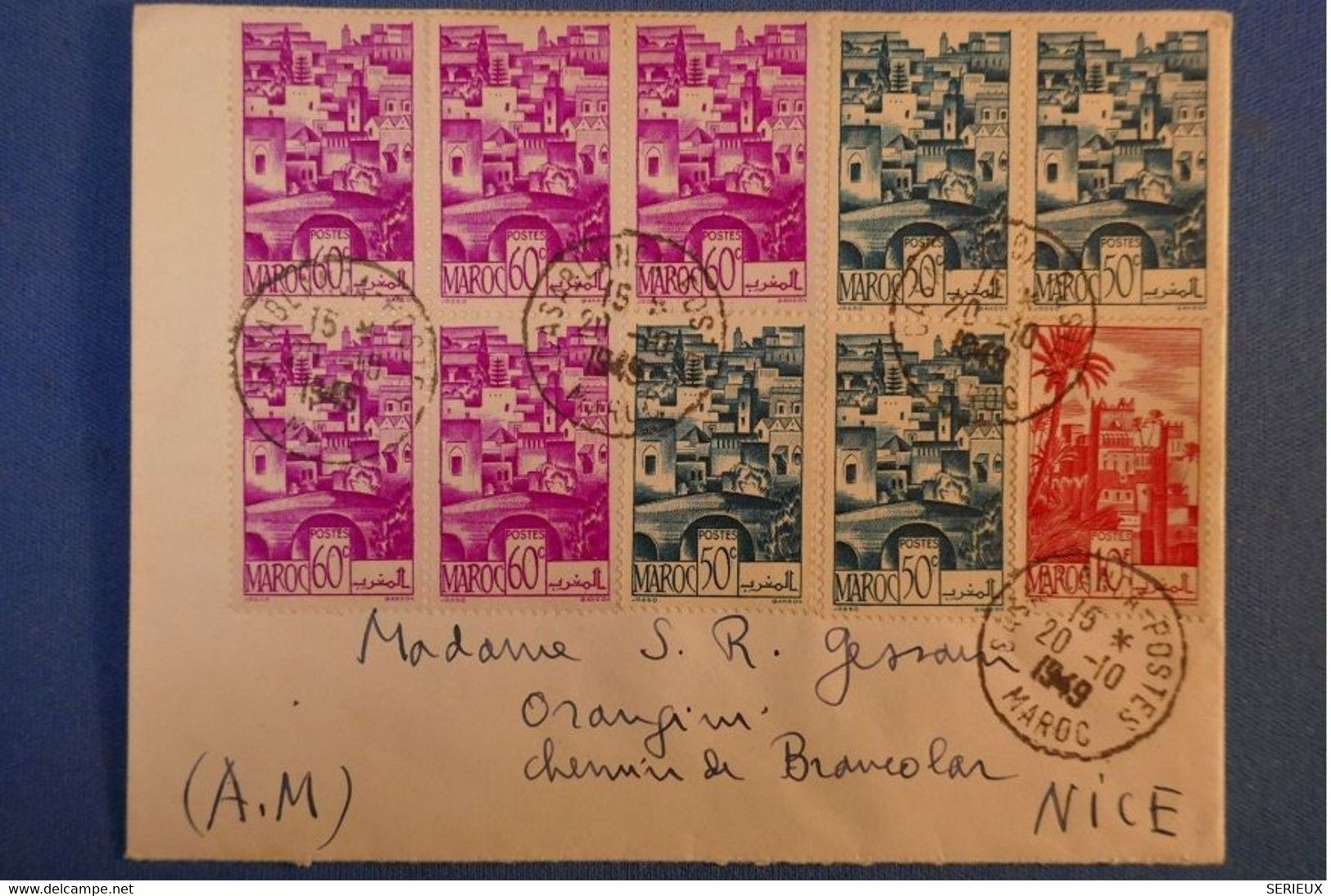 F3 MAROC RARE BELLE LETTRE CURIOSITé 1949 CASABLANCA POUR NICE FRANCE + BLOC DE TIMBRES AFFRANCHISSEMENT PLAISANT - Lettres & Documents
