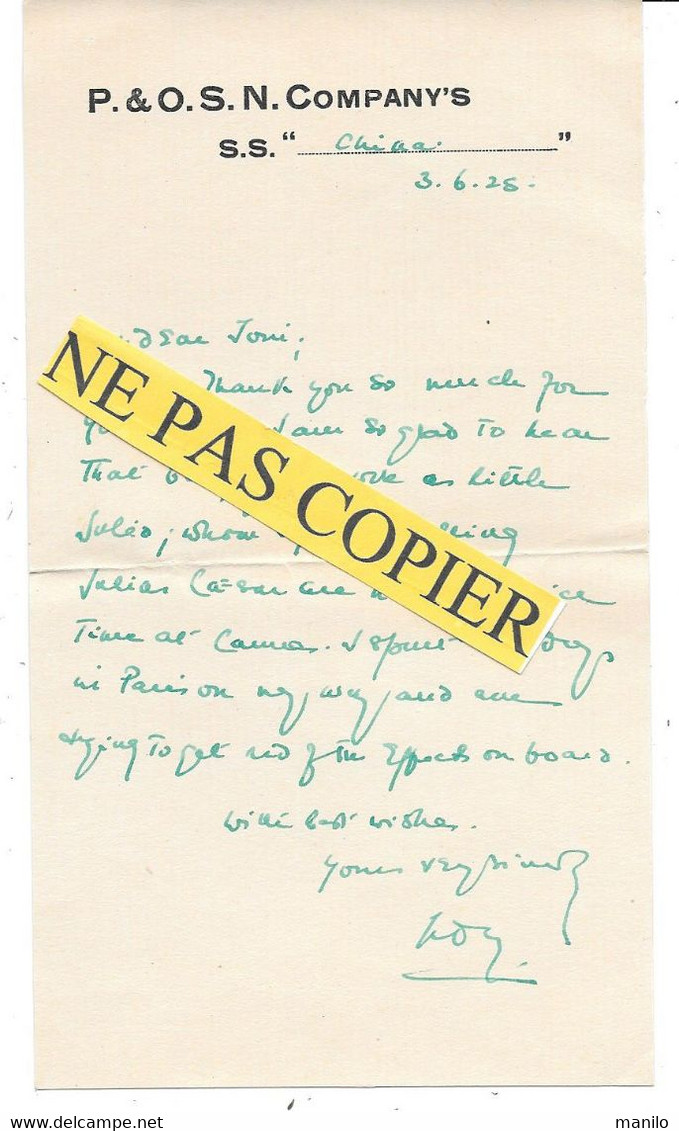 Lettre De Passager Du 3/6/1925   A Bord Du S.s. CHINA De La P Et O.S.N.Compagny's   - Dos Vierge - Autres & Non Classés