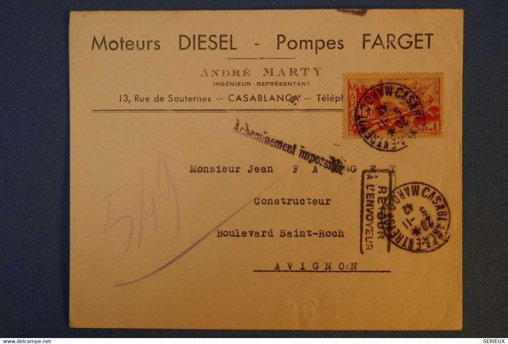 F3 MAROC BELLE LETTRE 1942 CASABLANCA POUR AVIGNON FRANCE + ACHEMINEMENT IMPOSSIBLE +CACHETS - Lettres & Documents