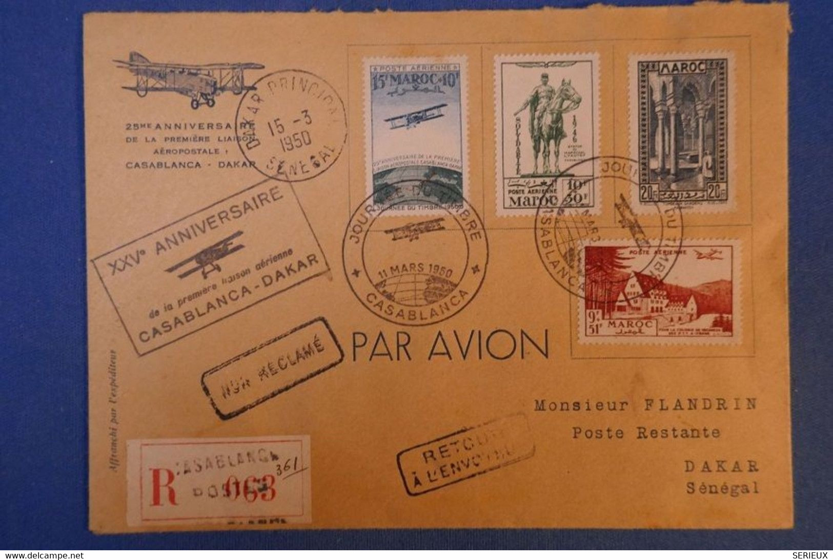 F5 MAROC BELLE LETTRE 1950 PAR AVION CASABLANCA POUR DAKAR ANN.1ERE LIAISON + AFFRANCHISSEMENT PLAISANT - Luftpost