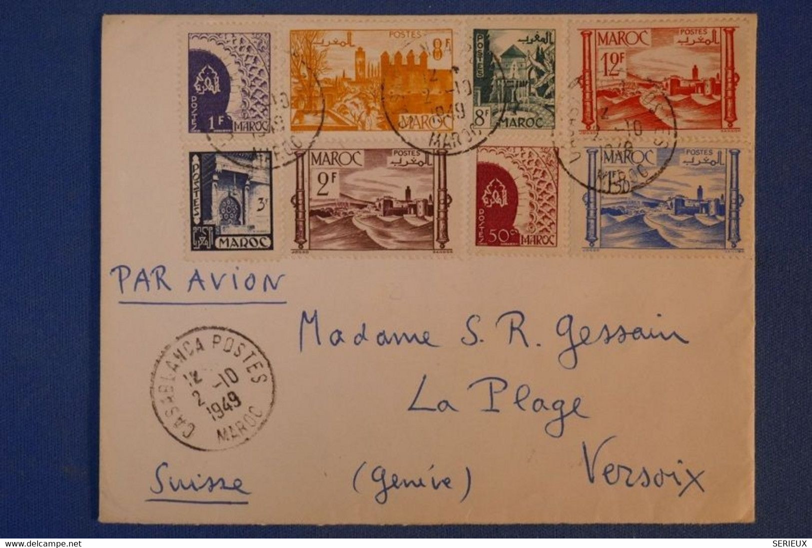 G1 MAROC BELLE LETTRE 1949 PAR AVION CASABLANCA POUR LA PLAGE SUISSE + AFRANCHISSEMENT PLAISANT - Lettres & Documents