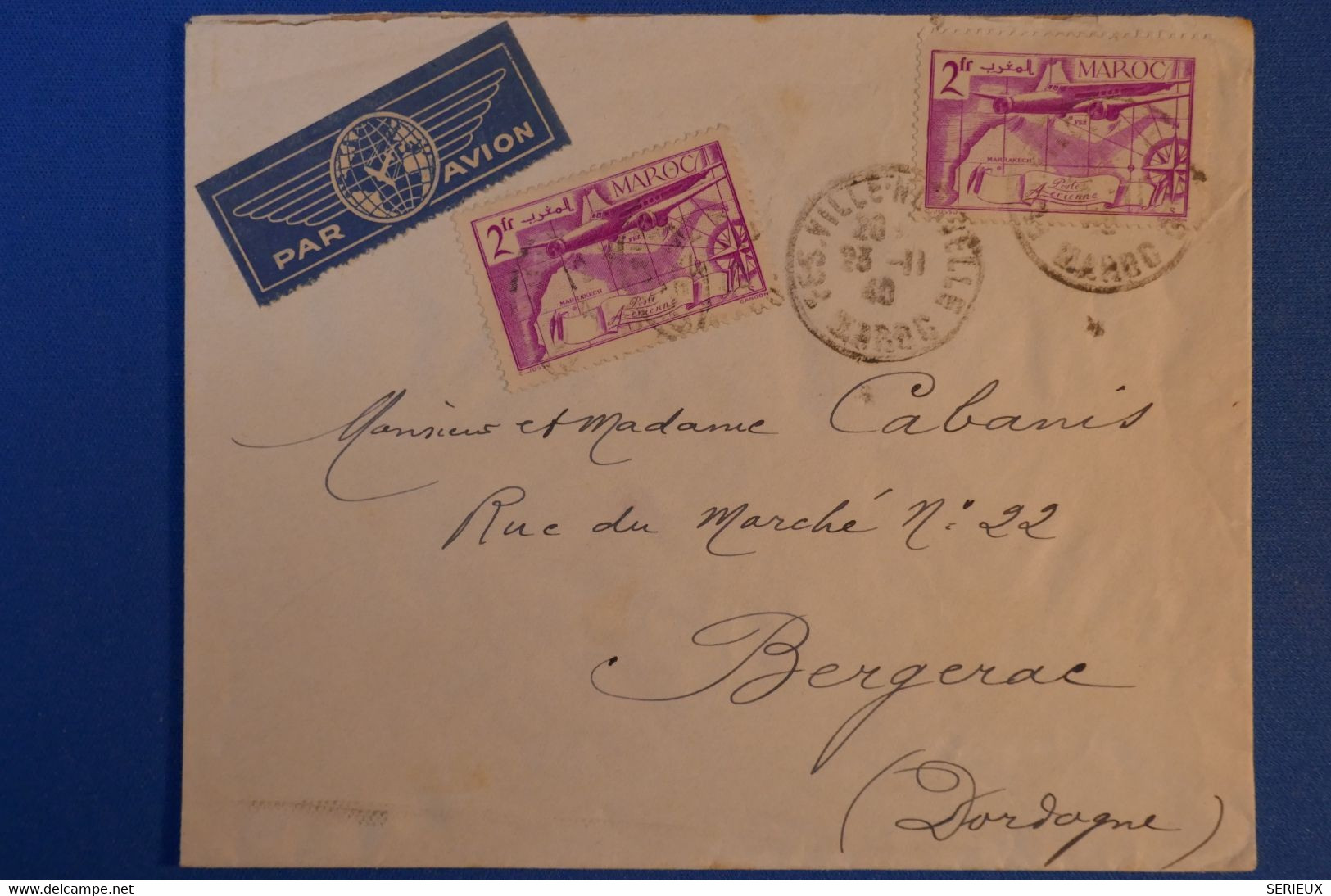 I 24 MAROC BELLE LETTRE 1940 PAR AVION POUR BERGERAC FRANCE + AFFRANCH INTERESSANT - Luchtpost