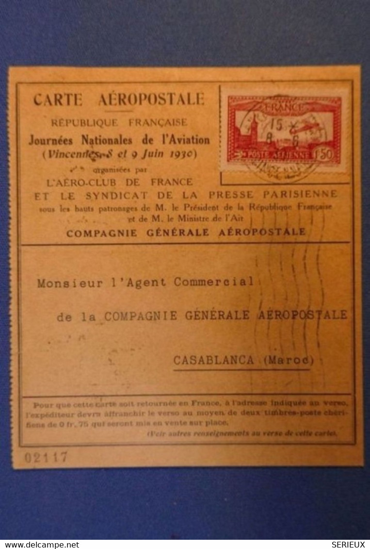 488 MAROC RARE CARTE AEROPOSTALE 1930 CASABLANCA POUR PARIS BI-NATIONAL TIMBRES - Airmail