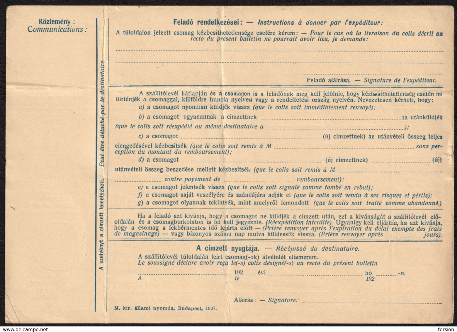 PARCEL POST PACKET FORM  - Stationery Revenue Tax - Not Used HUNGARY 1927 BULLETIN D'expedition - Postpaketten