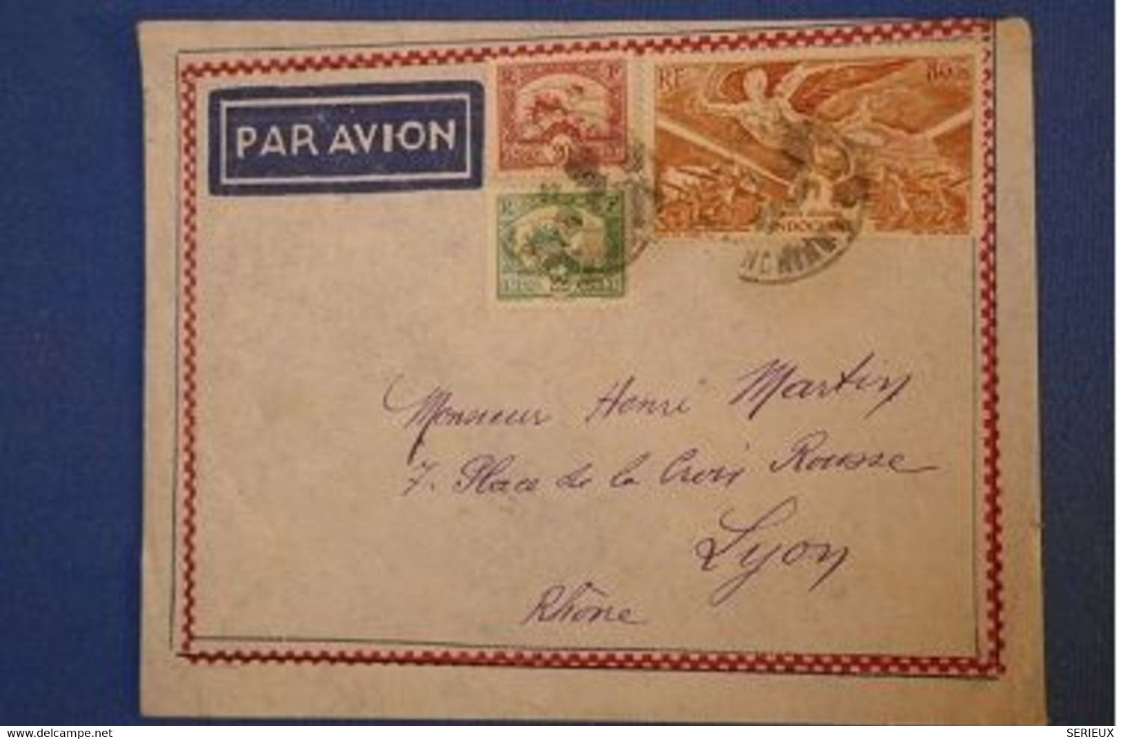 413 INDOCHINE VIETNAM LETTRE 1947  . PAR AVION POUR LYON FRANCE +AFFRANCHISSEMENT PLAISANT - Cartas & Documentos