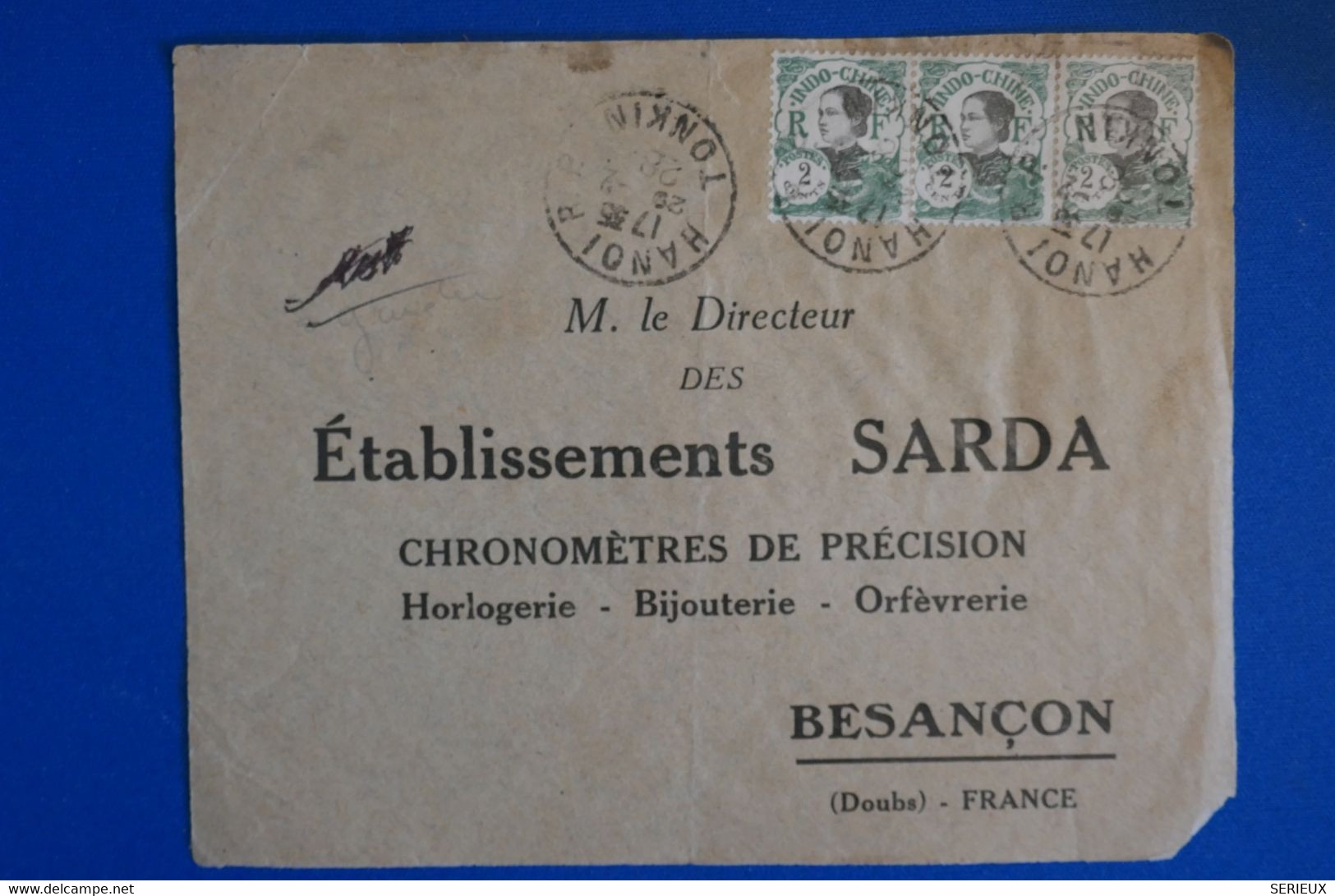 L26 INDO CHINE BELLE LETTRE DEVANT 1928 HANOI POUR BESANCON + BANDE DE 3 T.P+ AFFRANCHISSEMENT PLAISANT - Lettres & Documents