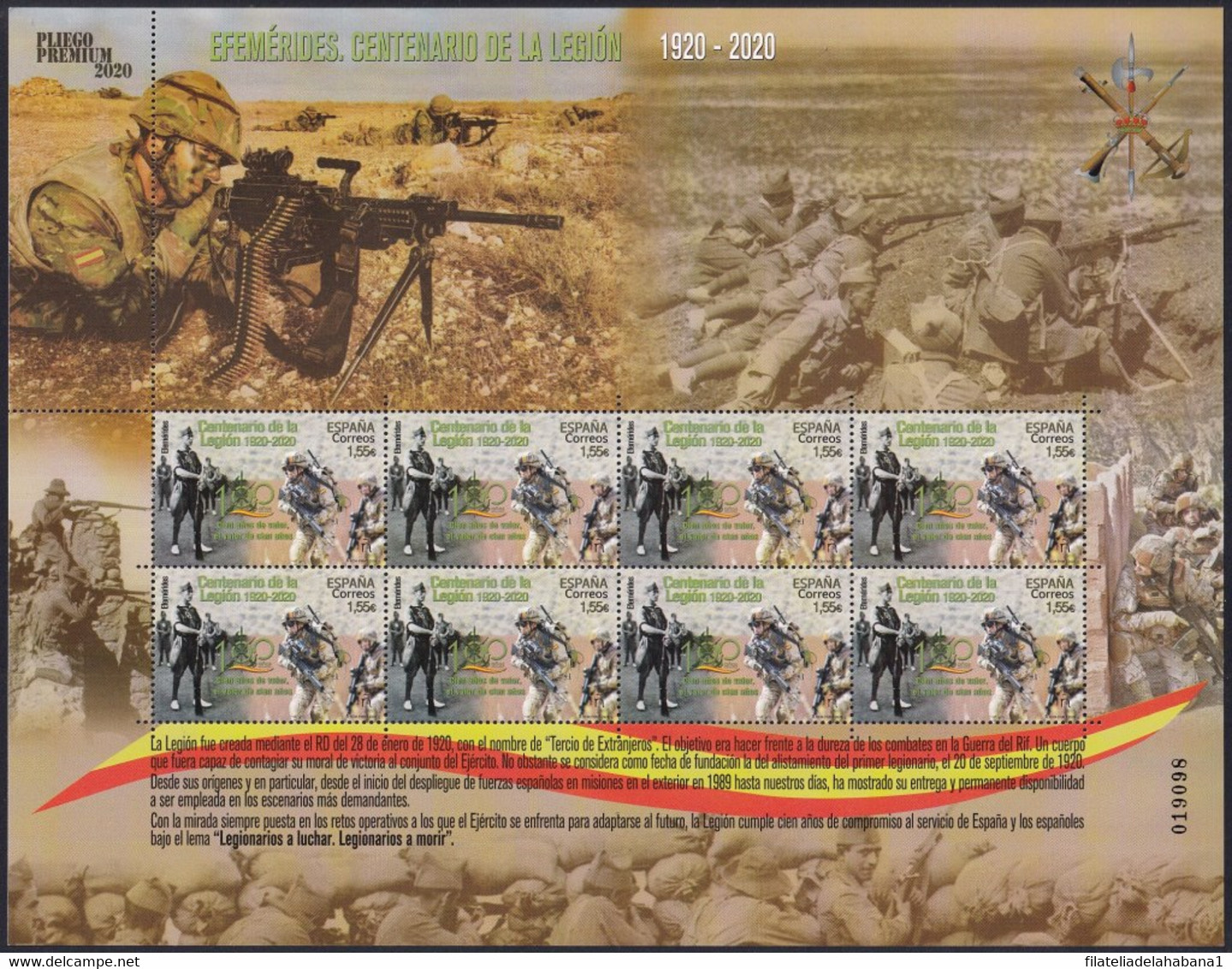 F-EX26233 ESPAÑA SPAIN MNH 2020 CENT OF LEGION WAR ARM MILITAR PREMIUM SPECIAL MINI-SHEET. - Commemorative Panes