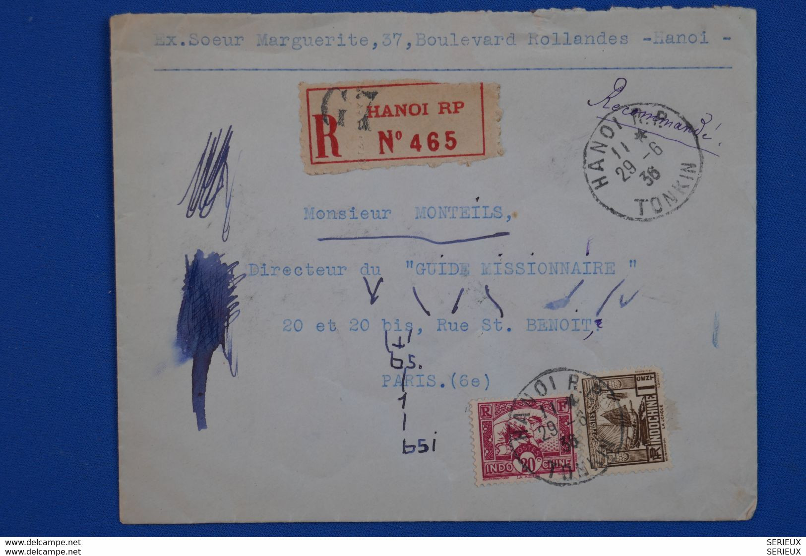 N12 INDO CHINE BELLE LETTRE RECOM.1938 HANOI POUR PARIS RUE ST BENOIT FRANCE+ AFFRANCHISSEMENT PLAISANT - Brieven En Documenten