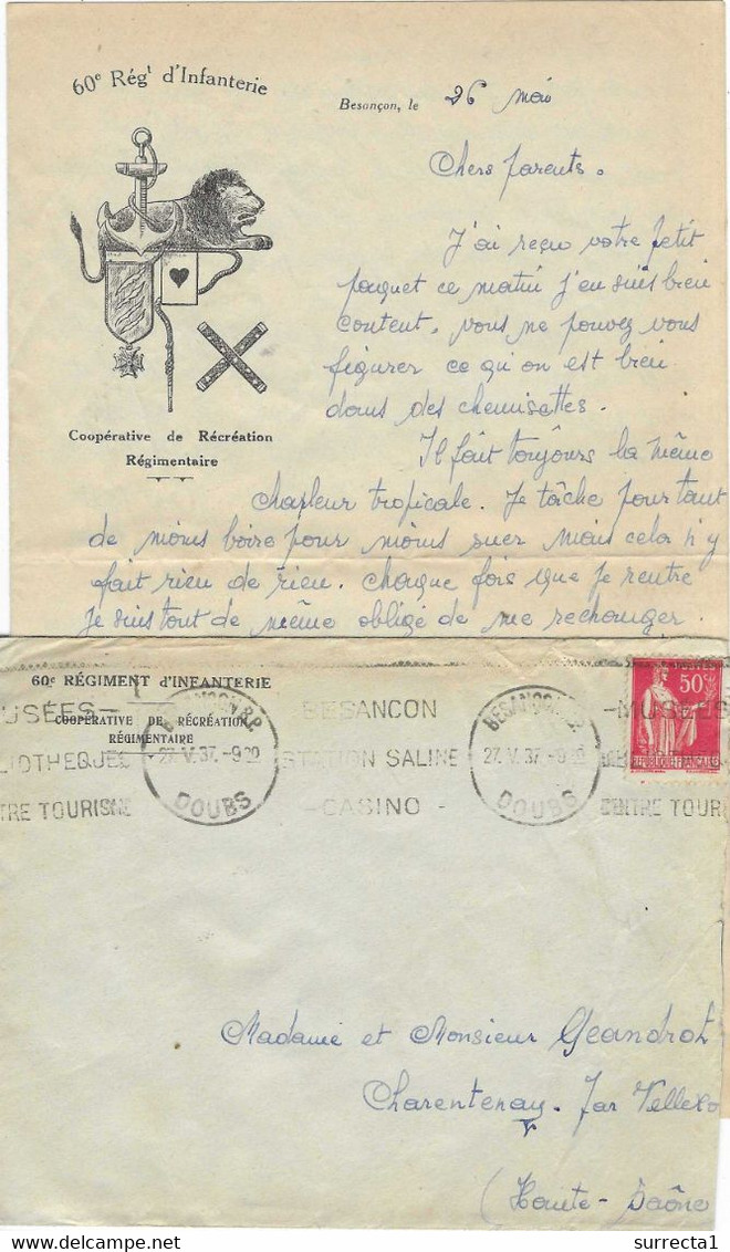 1937 / Env + Courrier Entête Illustrée 60° R I / Lion, Ancre Marine, Carte Coeur / Flamme Besançon - Flags