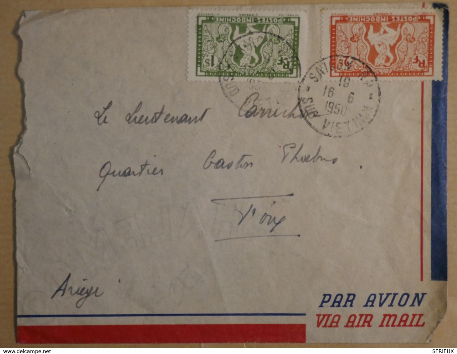 P5 INDO CHINE BELLE LETTRE 1950 AIR MAIL SAIGON POUR FOIX FRANCE + AFFRANCHISSEMENT PLAISANT - Storia Postale