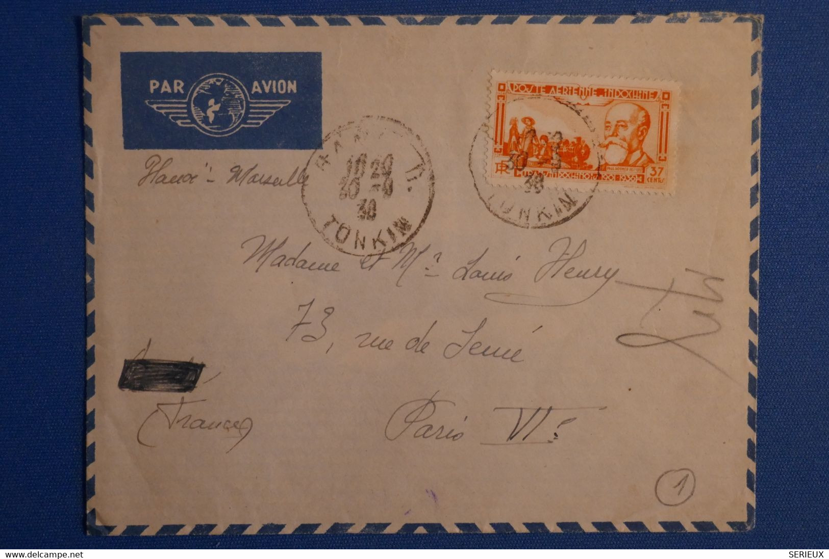 P5 INDO CHINE BELLE LETTRE 1938 TONKIN CHINE POUR PARIS+ AFFRANCHISSEMENT PLAISANT - Storia Postale