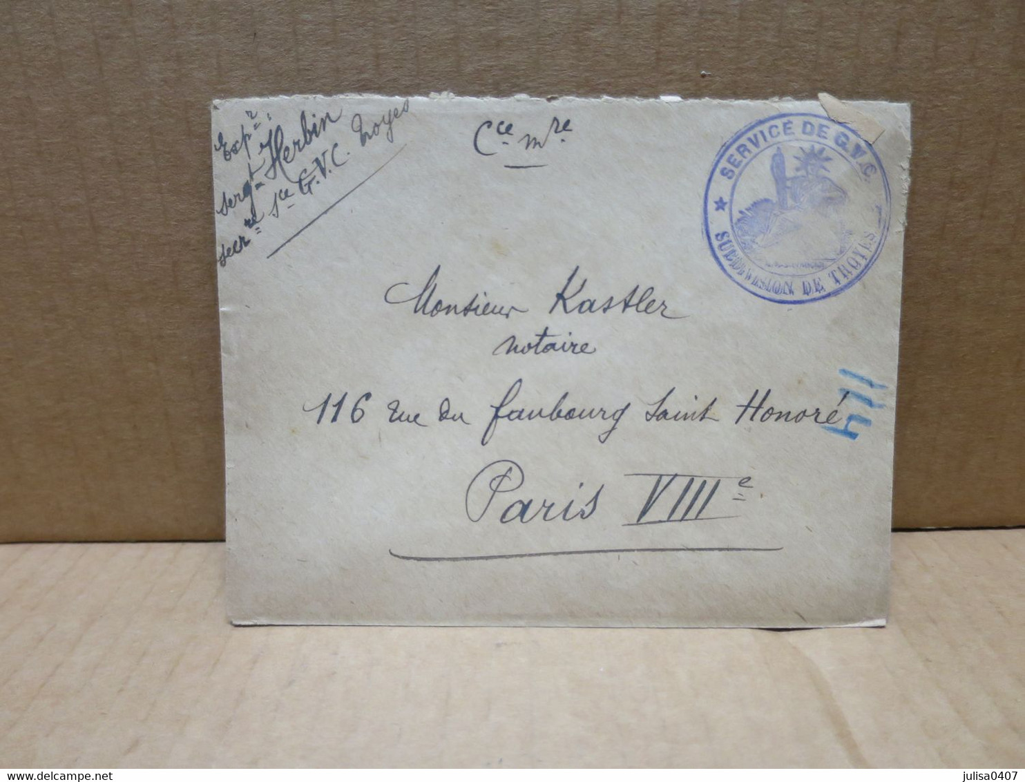 TROYES (10) Enveloppe Avec Cachet Militaire Service De GVC - Guerre (timbres De)