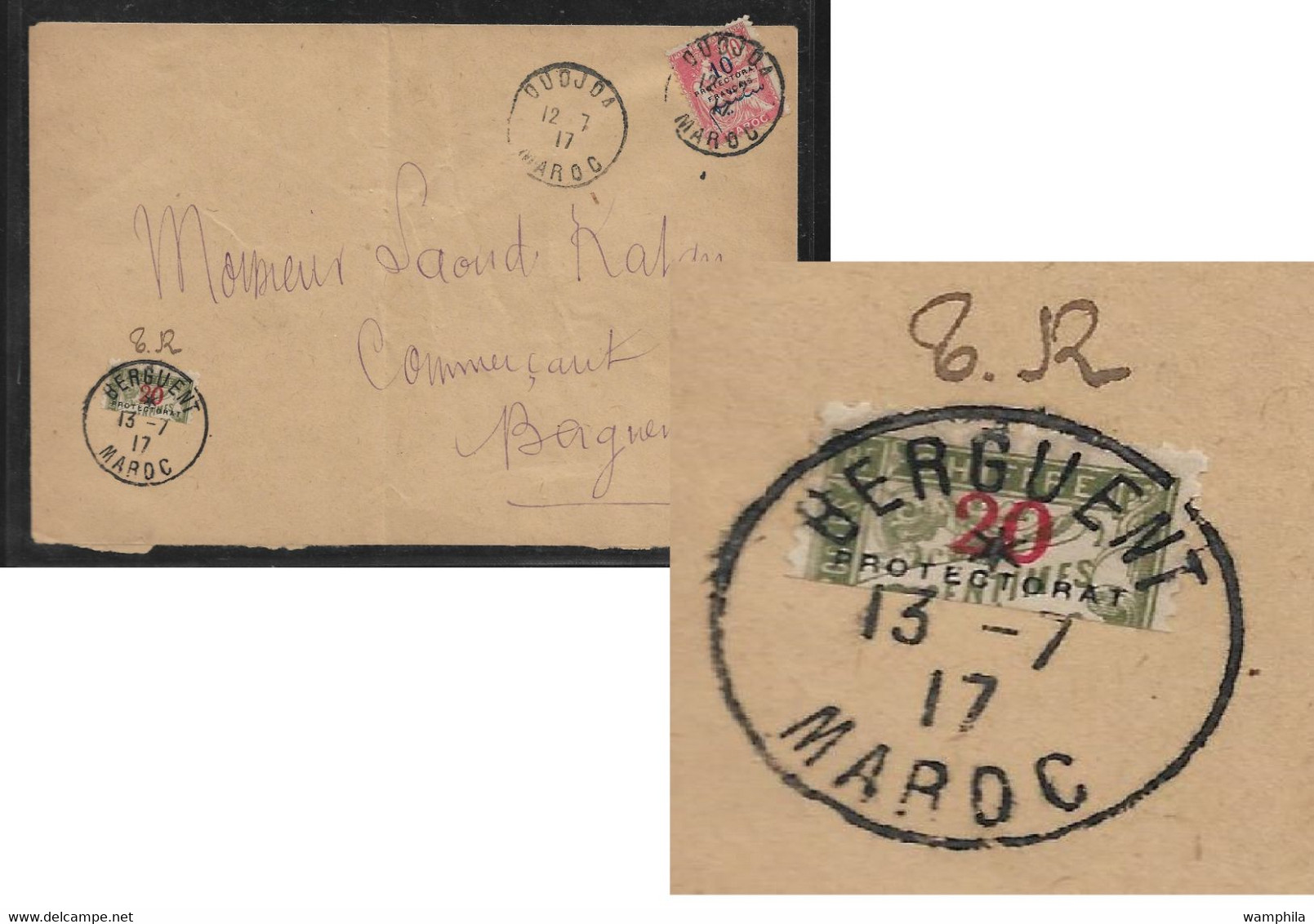 Maroc Lettre De Oudjda Avec Demi Taxe N°20 Oblitéré De Berguent. RARE. - Segnatasse