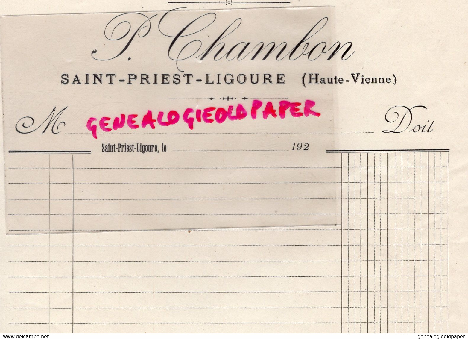 87 -ST  SAINT PRIEST LIGOURE - RARE FACTURE PIERRE CHAMBON- CHAUSSURES -1920 - Kleidung & Textil