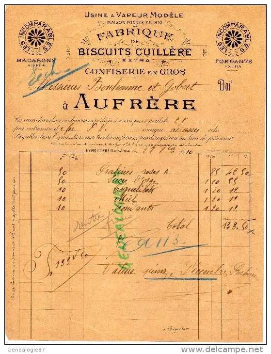 87 - EYMOUTIERS - RARE BELLE FACTURE AUFRERE- FABRIQUE DE BISCUITS CUILLERE ET CONFISERIE - MACARONS-1910 - Lebensmittel