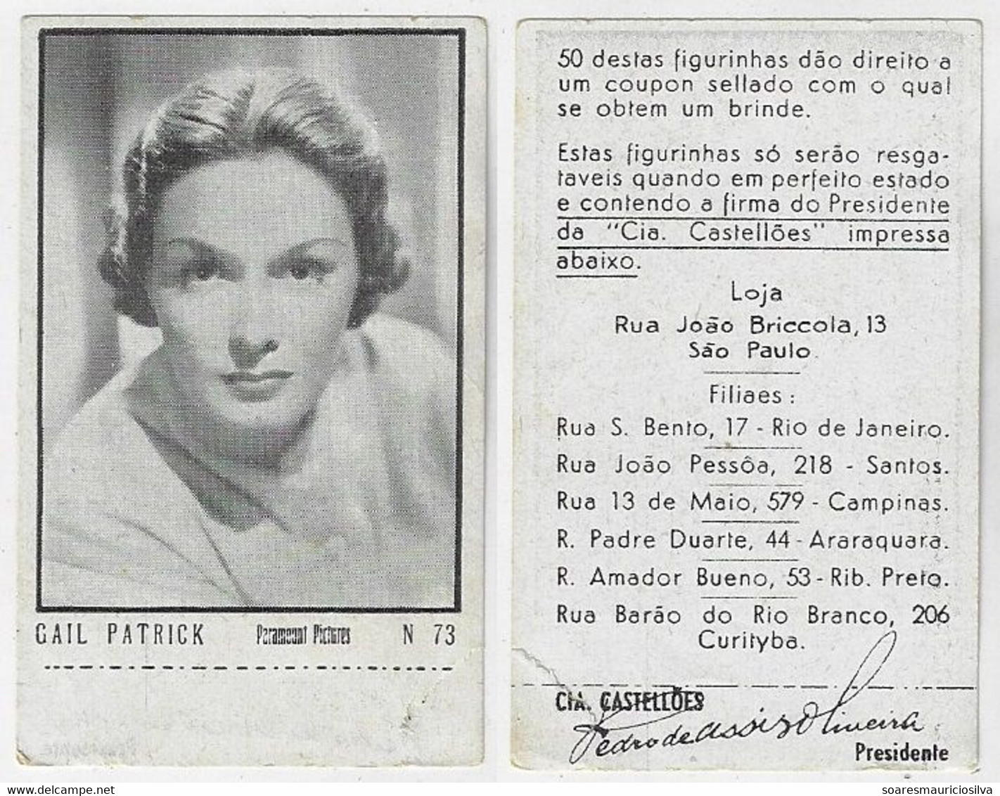 Brazil 1930s Cigarette Castellões Card No. 73 Actress Gail Patrick Size 4,2x6,8 Cm Cinema Movie Art - Autres Marques