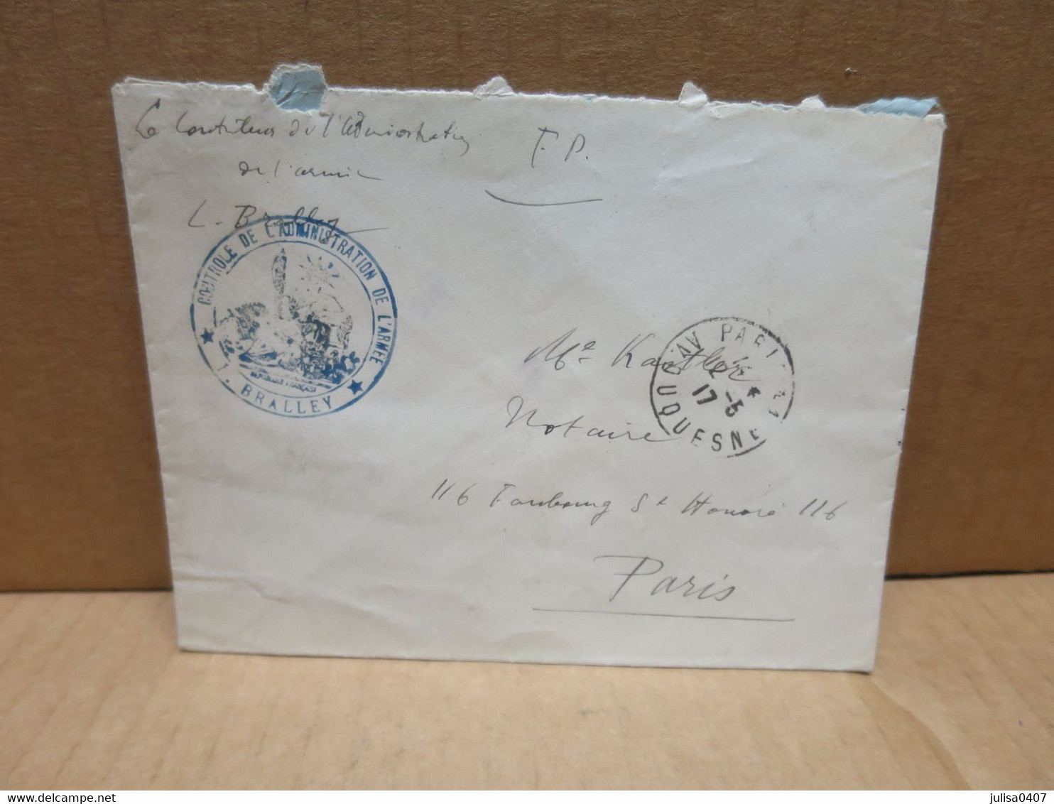 Enveloppe Franchise  Avec Cachet Militaire Controle De L'Administration De L'armée Bralley - Guerre (timbres De)