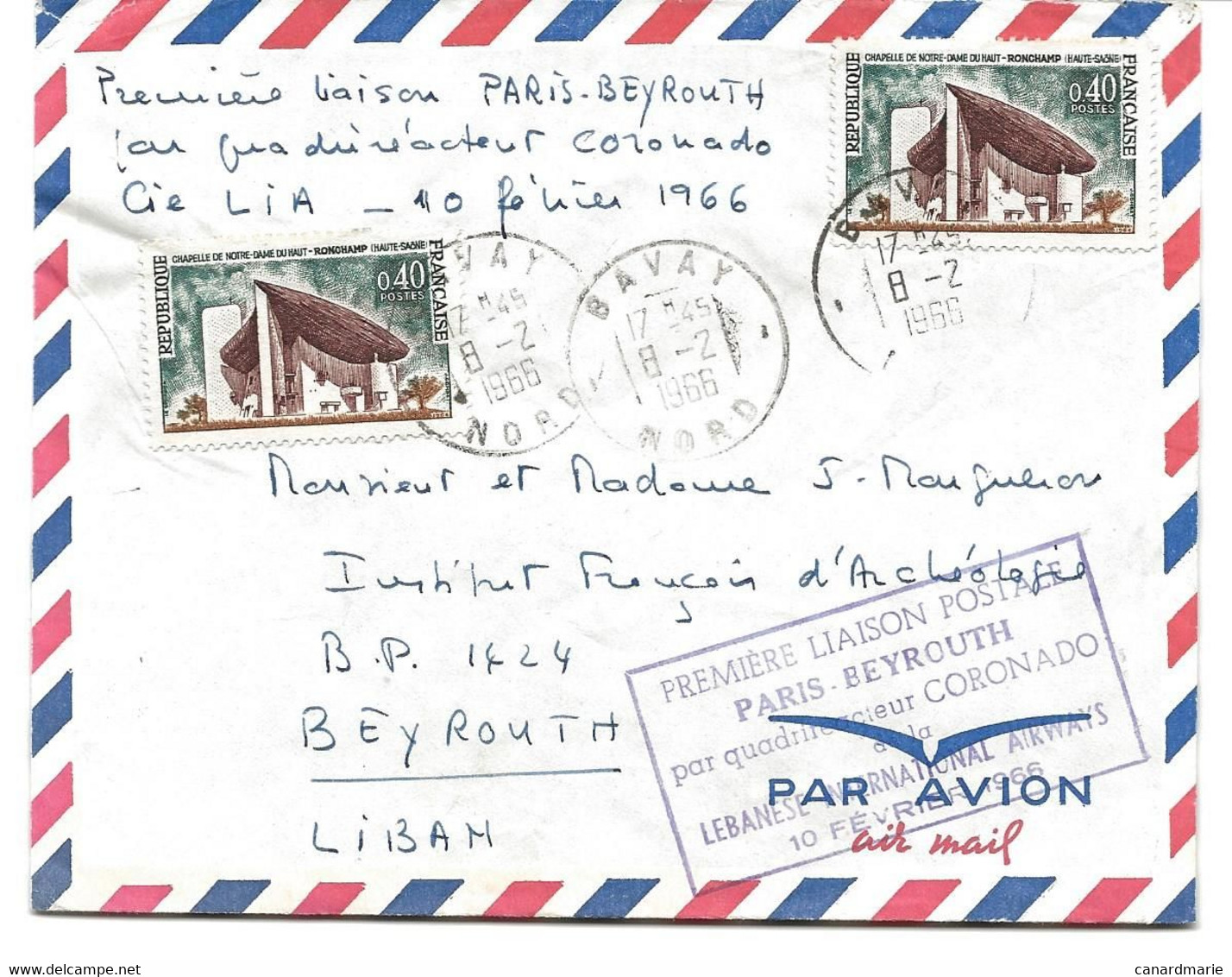 LETTRE PAR AVION 1966 AVEC CACHET PREMIERE LIAISON POSTALE PARIS-BEYROUTH PAR QUADRIREACTEUR CORONADO - 1960-.... Briefe & Dokumente