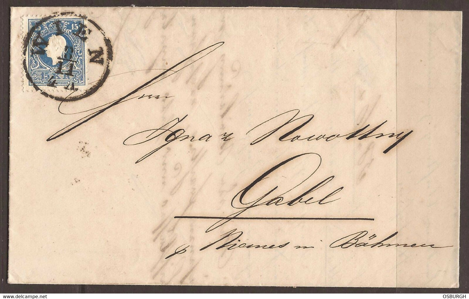 AUSTRIA / CZECH. 1859. 15kr ENTIRE. WIEN TO GABEL VIA BODENBACH (BOHEMIA). ARRIVAL & TRANSIT ON REVERSE. - Covers & Documents