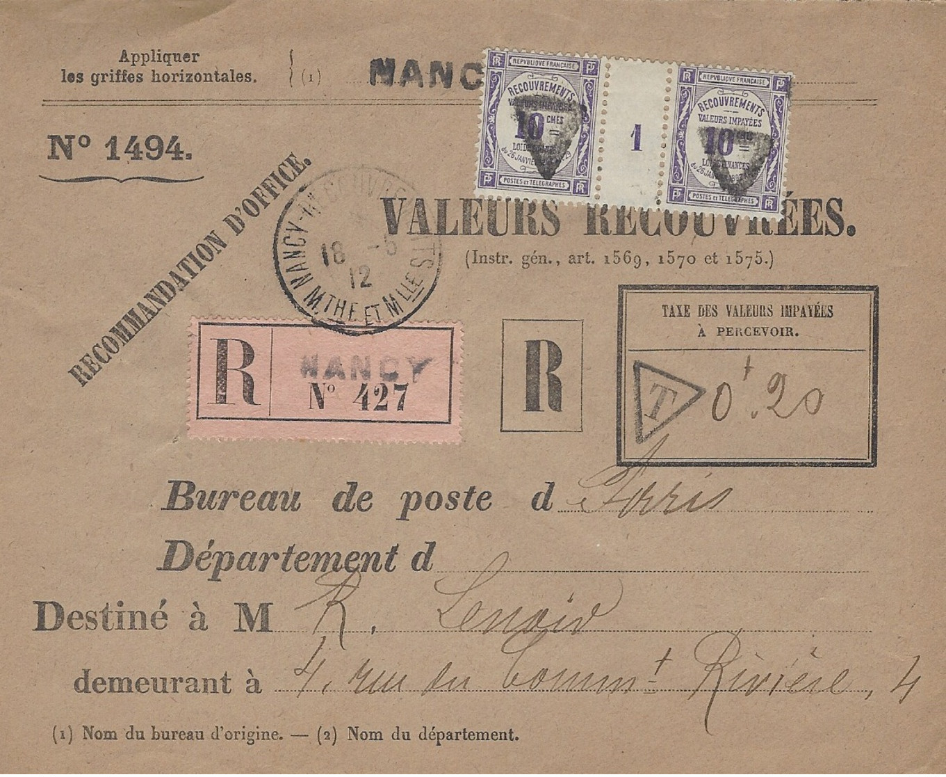 1911-env. P T T N°1494 Valeurs Recouvrées  10c X2 Avec Millésime 9 RECC. Avec étiquette Rose De VICHY ( Allier ) - 1877-1920: Semi-moderne Periode