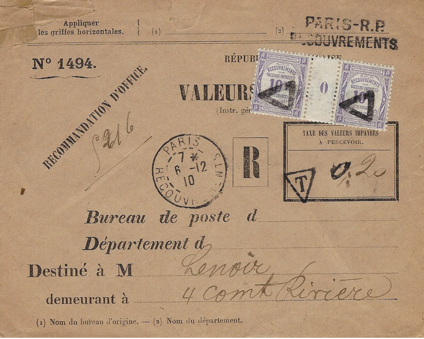 1910-env. P T T N°1494 Valeurs Recouvrées  10c X 2 Avec Millésime 0   De PARIS / RECOUVREMENTS - 1877-1920: Semi-moderne Periode