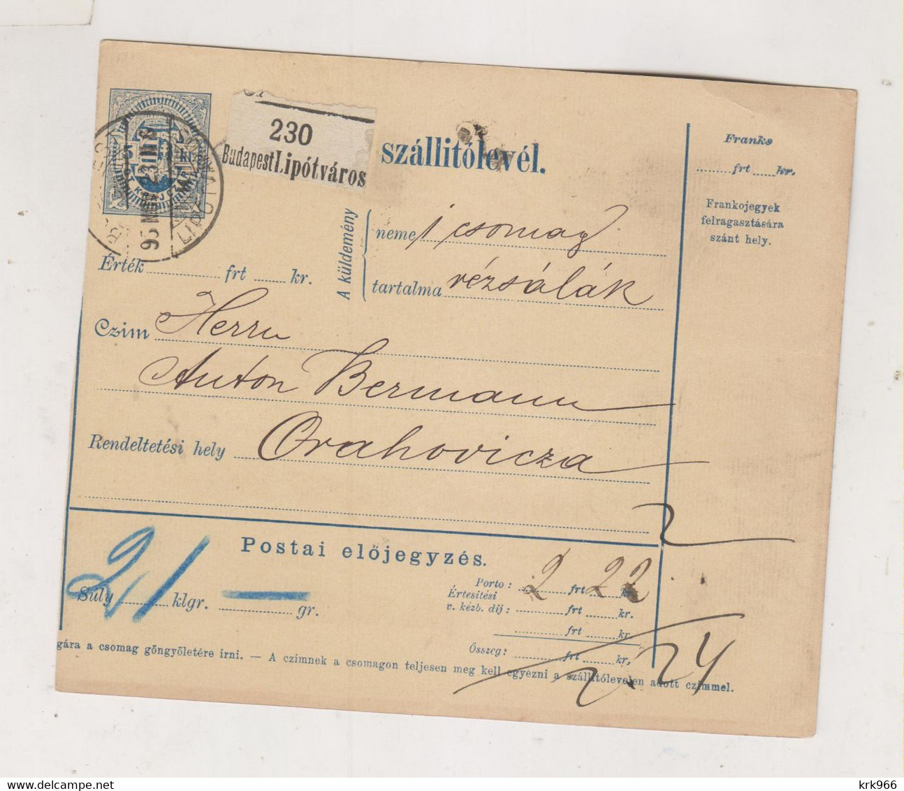 HUNGARY 1895 BUDAPEST Parcel Card - Storia Postale