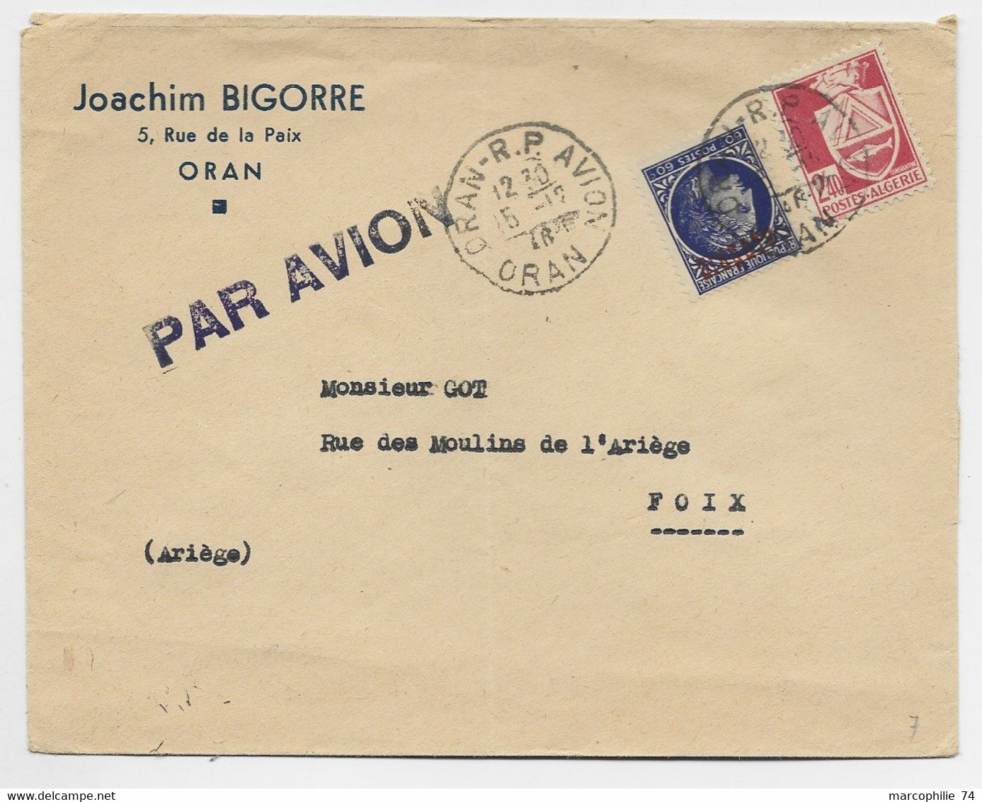 FRANCE ALGERIE MAZELIN 60C + 2 FR40 BLASON LETTRE AVION ORAN RP AVION 15.12.1946 - 1945-47 Cérès De Mazelin