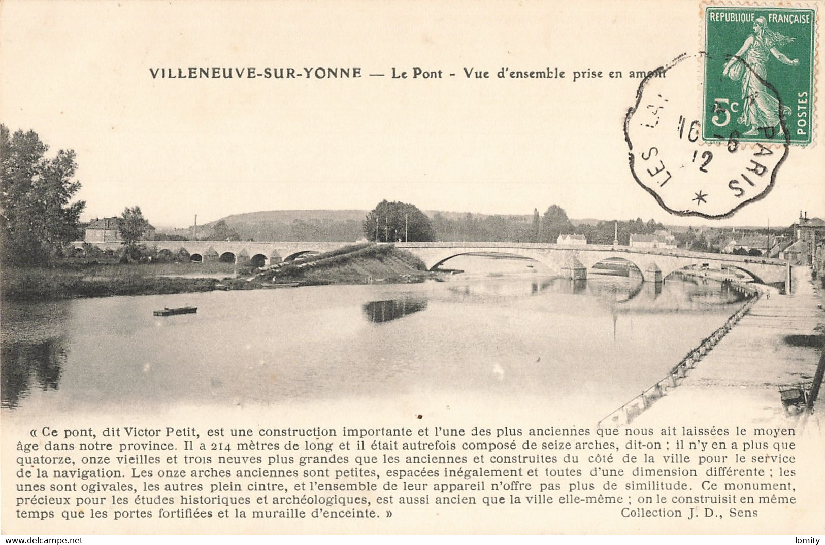 89 Villeneuve Sur Yonne Le Pont Vue D' Ensemble Prise En Amont Cpa Cachet 1912 - Villeneuve-sur-Yonne