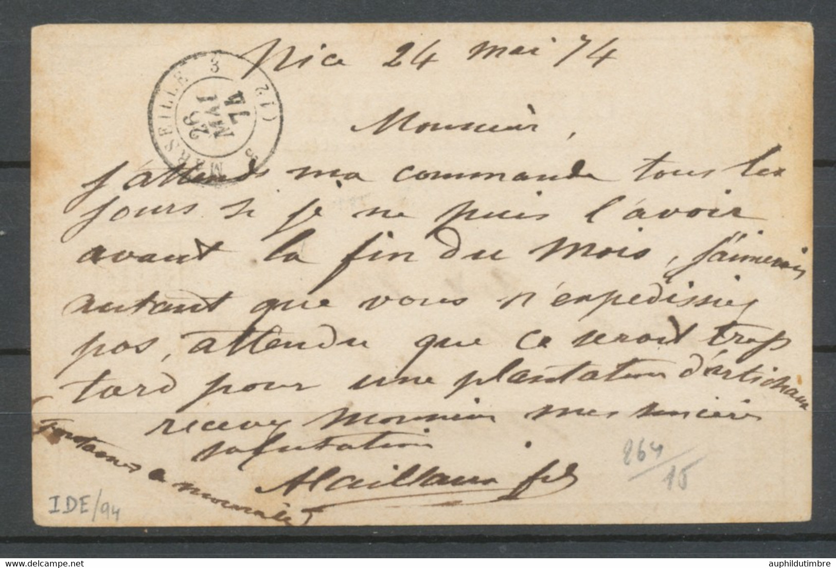 1874 CP 15c GC2240 Convoyeur Station Bleu NICE VINT.M (87) ALPES MARITIMES H3106 - 1849-1876: Periodo Clásico