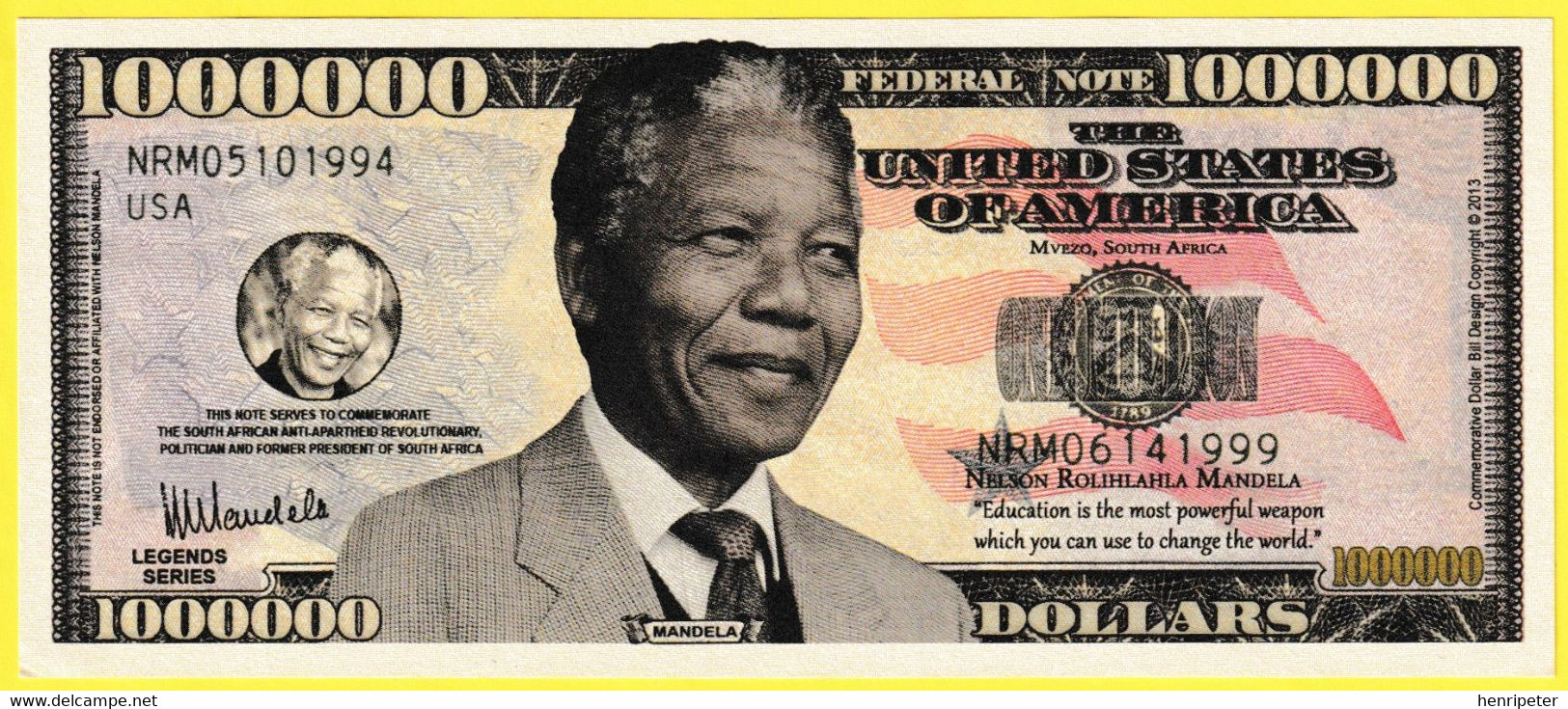 Billet De Banque Neuf - 1000000 Dollars One Million Dollars NRM05101994 Nelson Mandela - The United States Of America - Sets & Sammlungen