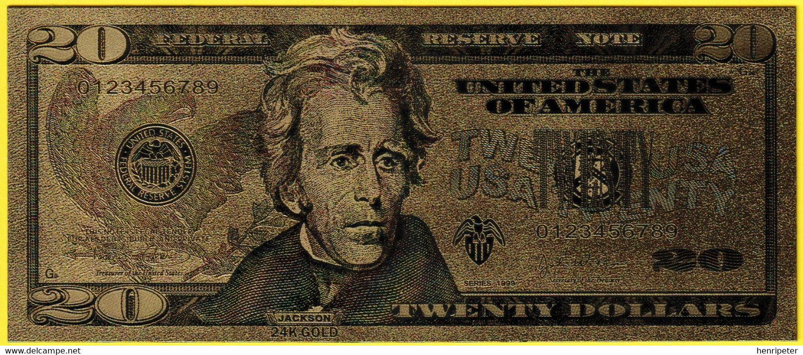 Billet De Banque Neuf Doré à L'or Fin - 20 Dollars US - Andrew Jackson - N° - 0123456789 - The United States Of America - Colecciones Lotes Mixtos