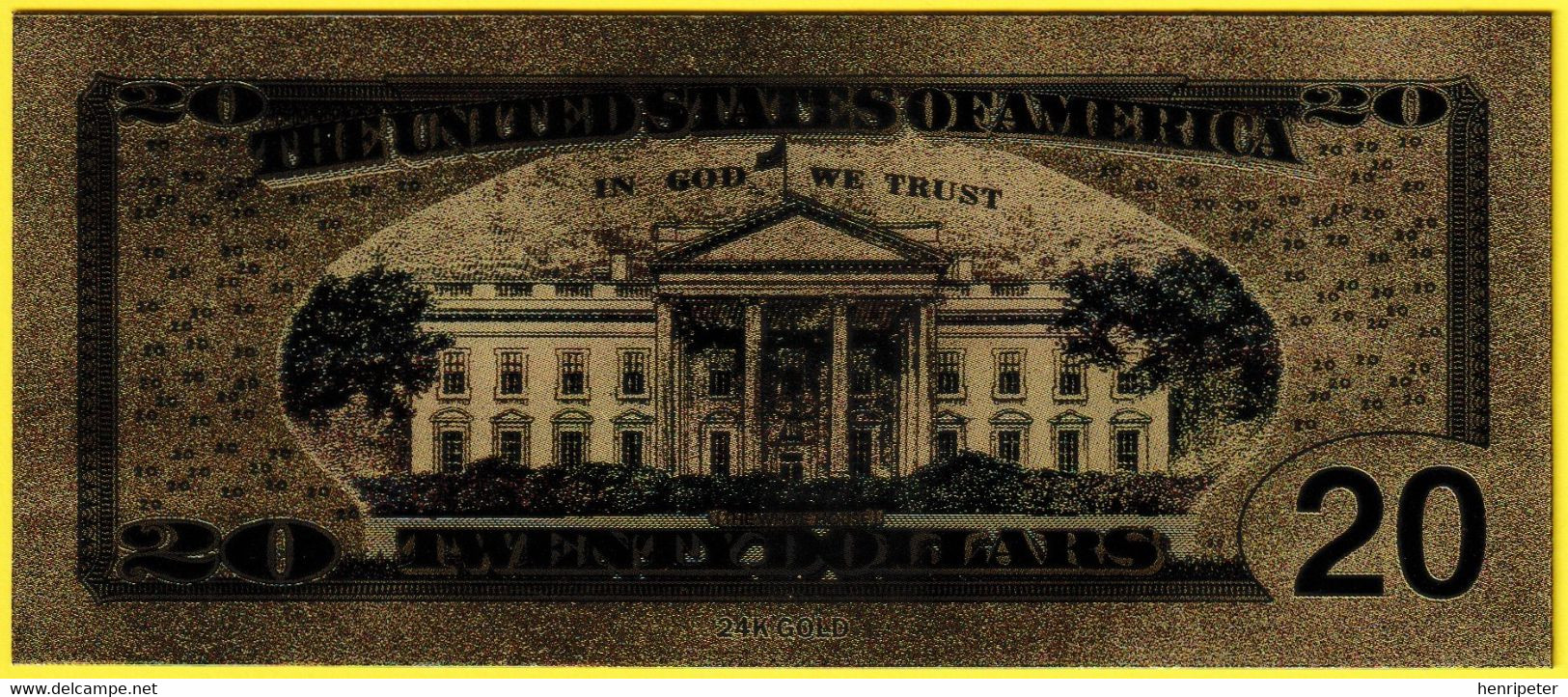 Billet De Banque Neuf Doré à L'or Fin - 20 Dollars US - Andrew Jackson - N° - 0123456789 - The United States Of America - Collections