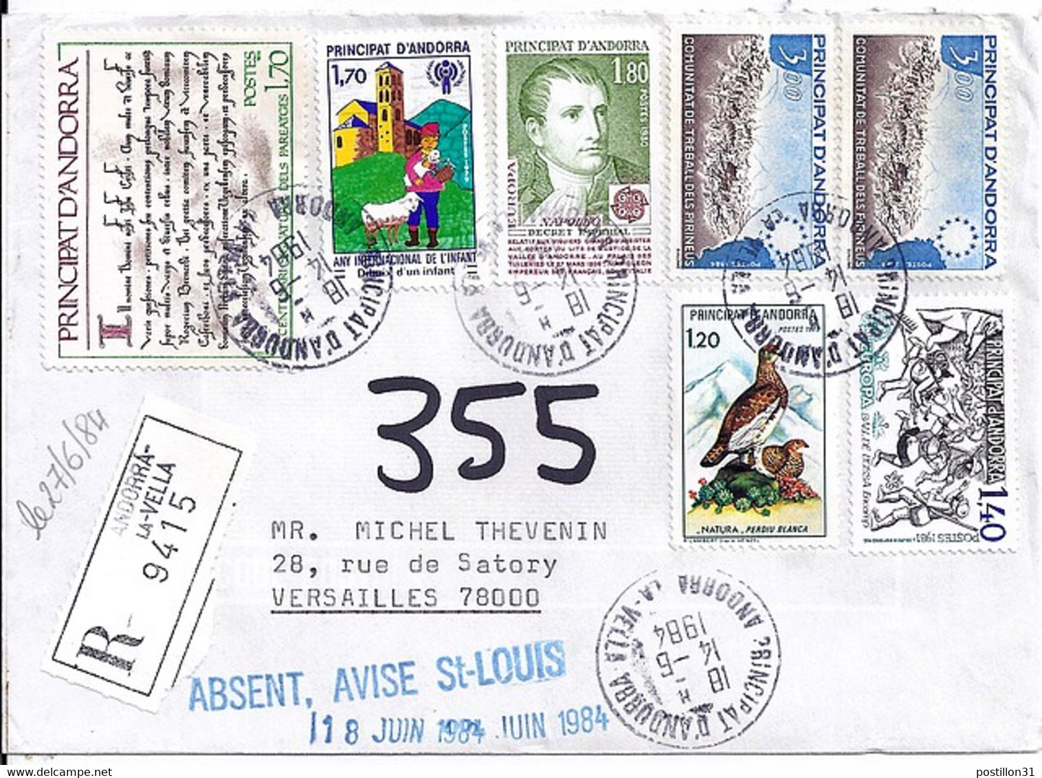 ANDORRE N°273/328x2/279/285/292/275 SUR L. REC. DU 14.6.84 - Cartas & Documentos