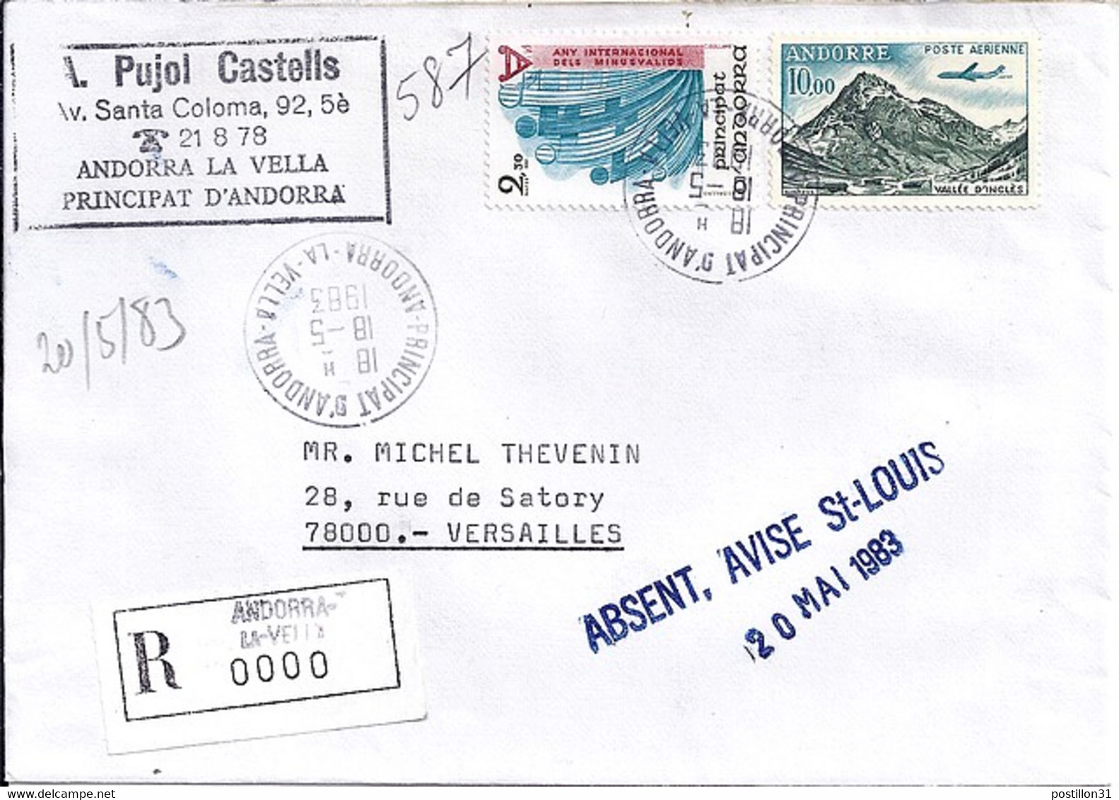 ANDORRE N°299/PA8 SUR L. REC. DU 18.5.83 - Brieven En Documenten