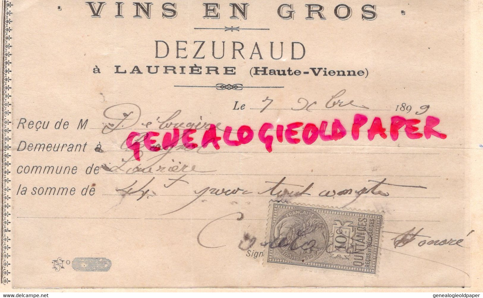 87- LAURIERE - RARE RECU DEZURAUD- MARCHAND VINS- DESBRUGERES A BAGNOL- 1899 - Lebensmittel