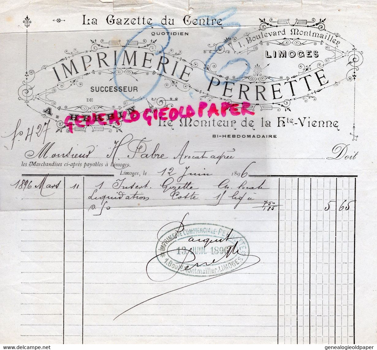 87 -LIMOGES- RARE FACTURE IMPRIMERIE PERRETTE - A. HERBIN- LA GAZETTE DU CENTRE-1 BOULEVARD MONTMAILLER-1896 - Druck & Papierwaren