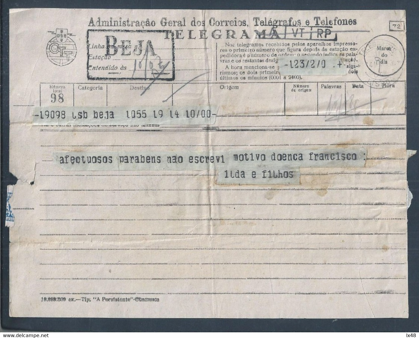 Telegrama Com Marca De Beja E Obliteração Dos 'Telegrafos Lisboa 1940'. Telegram With Beja's Stamp And Obliteration Of ' - Storia Postale