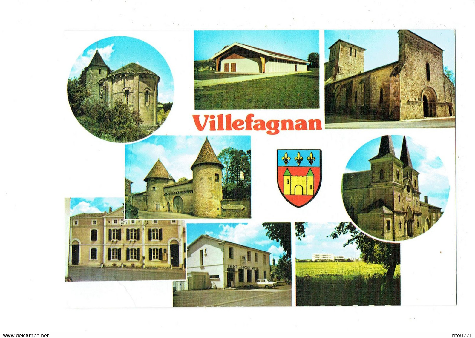 Cpm - [16] Charente > Villefagnan - église D'Empurée Salle Des Fêtes Temple Crédit Agricole - C.E.G. - Blason - Villefagnan