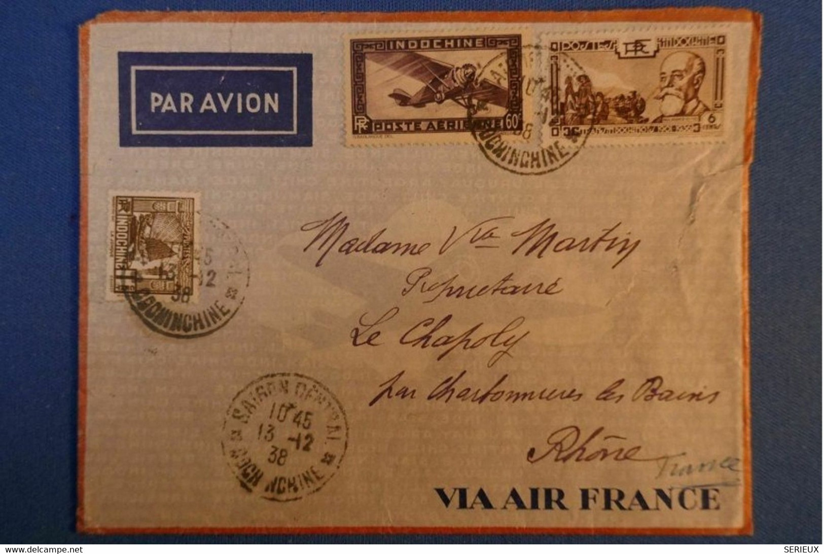 483 BELLE LETTRE INDOCHINE 1939 SAIGON POSTE AERIENNE POUR LE CHAPOLY RHONE + AFFRANCHISSEMENT + AIR FRANCE - Lettres & Documents