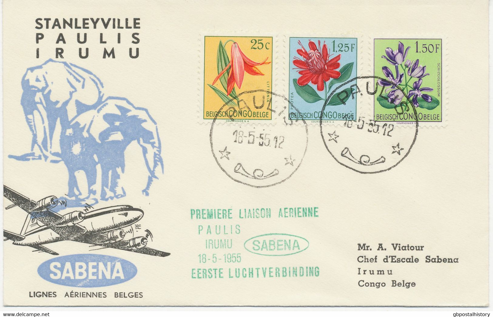 BELGISCH-KONGO 18.5.1955, Blumen Misch-Frank. A. Sehr Selt. Kab.-Inlands-Erstflug   Der SABENA "PAULIS (ISIRO) – IRUMU", - Storia Postale