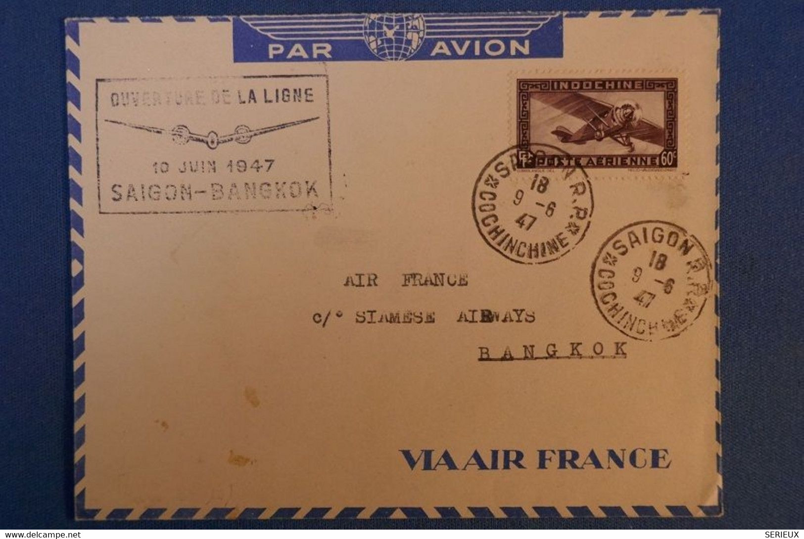 F3 INDOCHINE BELLE LETTRE 1947 SAIGON POUR BANGKOK OUVERTURE LIGNE AERIENNE + AFFRANCHISSEMENT PLAISANT - Covers & Documents