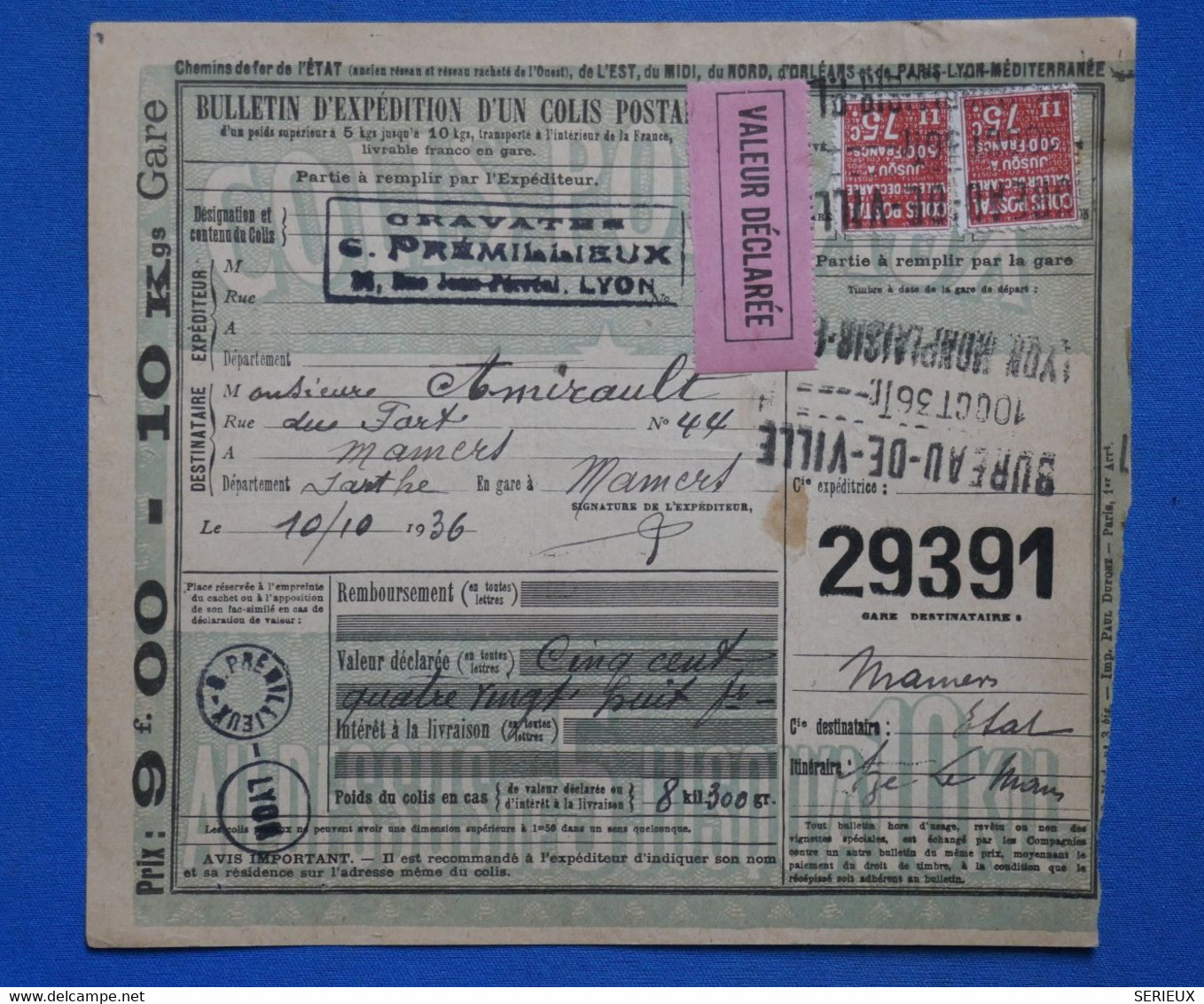 AF12 FRANCE BEL EX COLIS POSTAUX 1936 8 KG LYON POUR MAMERS+ + AFFRANCHISSEMENT PLAISANT - Covers & Documents