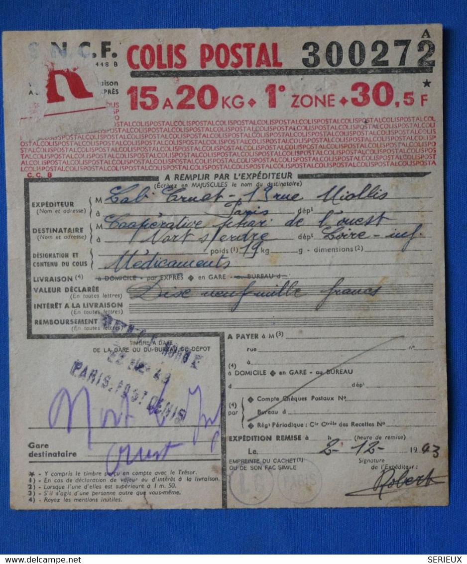 AF12 FRANCE BEL EX COLIS POSTAUX 1943   KG PARIS POUR CREST+ BLOC ET BANDE DE TP+ AFFRANCHISSEMENT PLAISANT - Covers & Documents