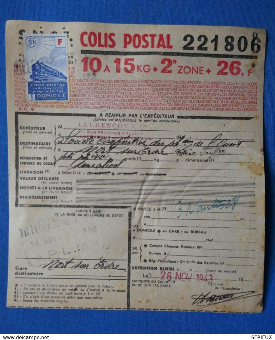 AF12 FRANCE BEL EX COLIS POSTAUX 1943 10 KG   POUR NORT ERDRE+ AFFRANCHISSEMENT PLAISANT - Covers & Documents