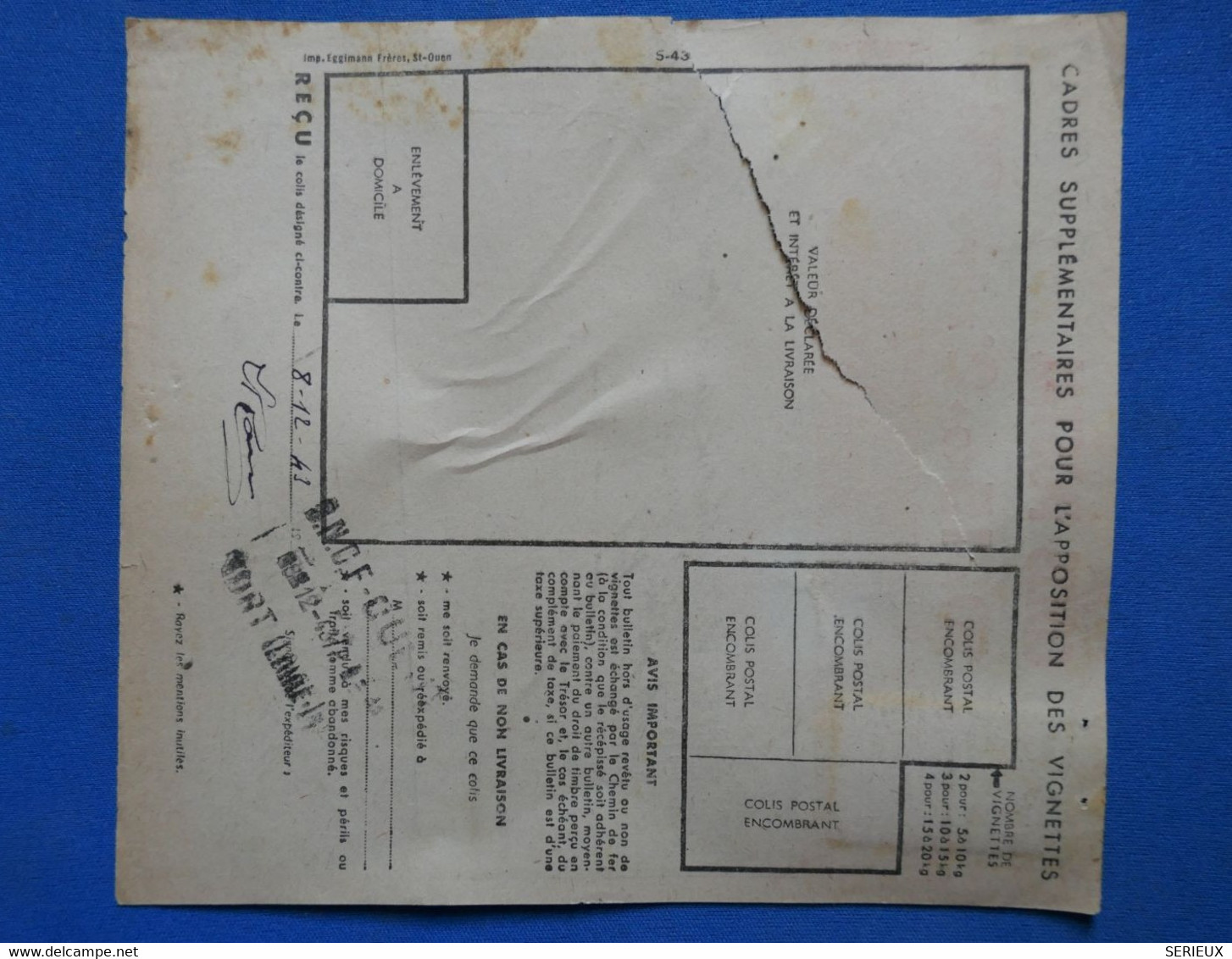 AF12 FRANCE BEL EX COLIS POSTAUX 1943 10 KG   POUR NORT ERDRE+ AFFRANCHISSEMENT PLAISANT - Covers & Documents