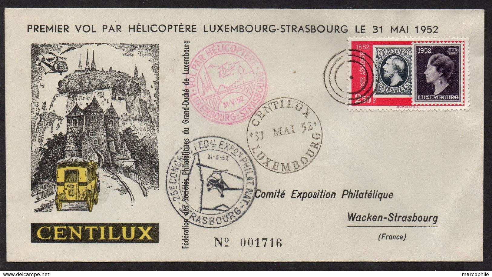 LUXEMBOURG - CENTILUX / 1952 - 1er VOL PAR HELICOPTERE DEPUIS STRASBOURG (ref 5615c) - Hélicoptères