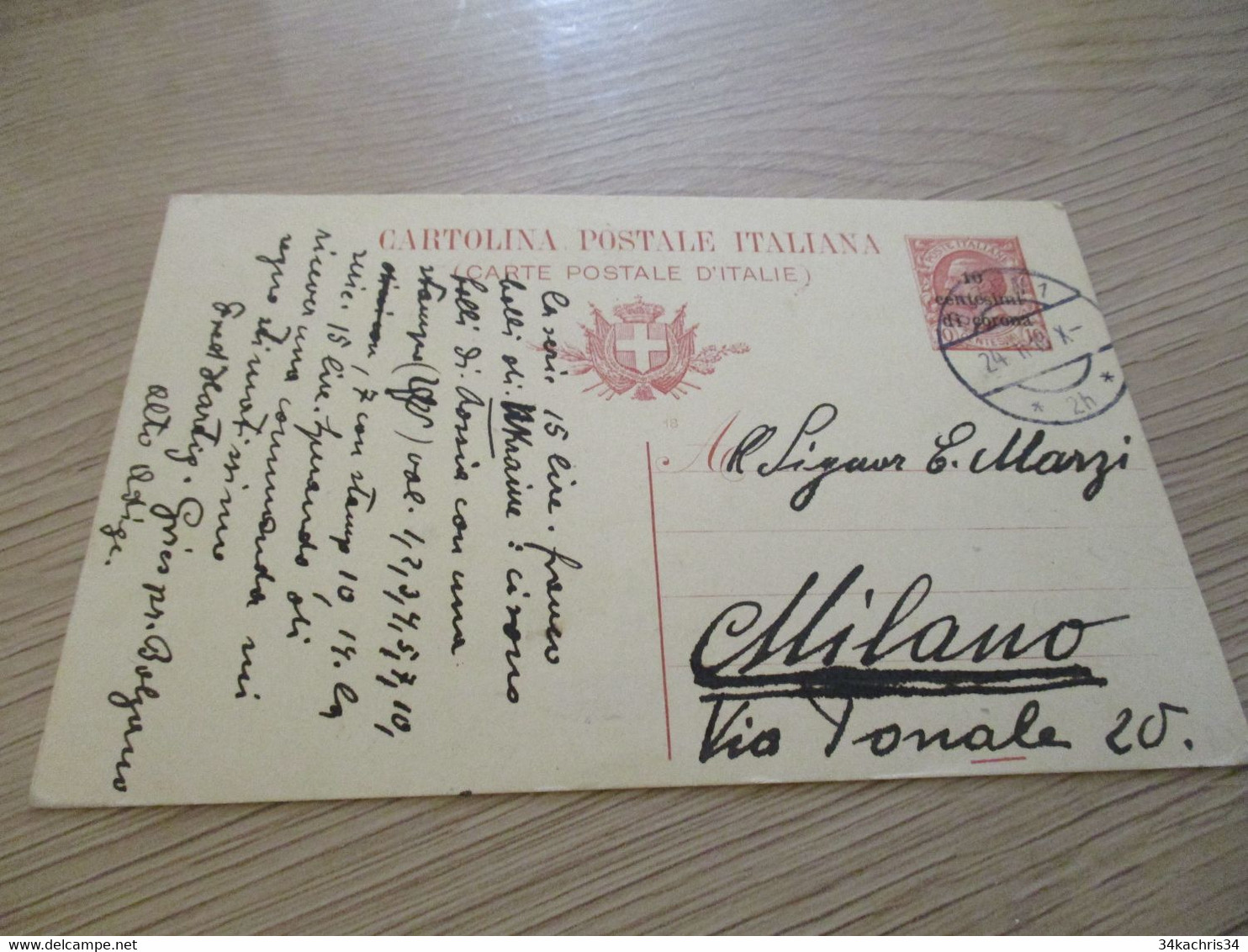 Collection Spécialisée Autriche Italie Entier Bozen/Milan 1919 10 Centisimi Di Corona - Occ. Autrichienne