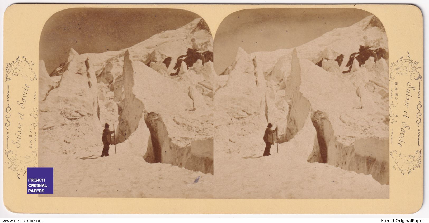 Ascension Du Mont-Blanc - Chamonix Photo Stéréoscopique 16,8x8,4cm Vers 1880/90 Crevasse Alpinisme Glacier C5-28 - Photos Stéréoscopiques