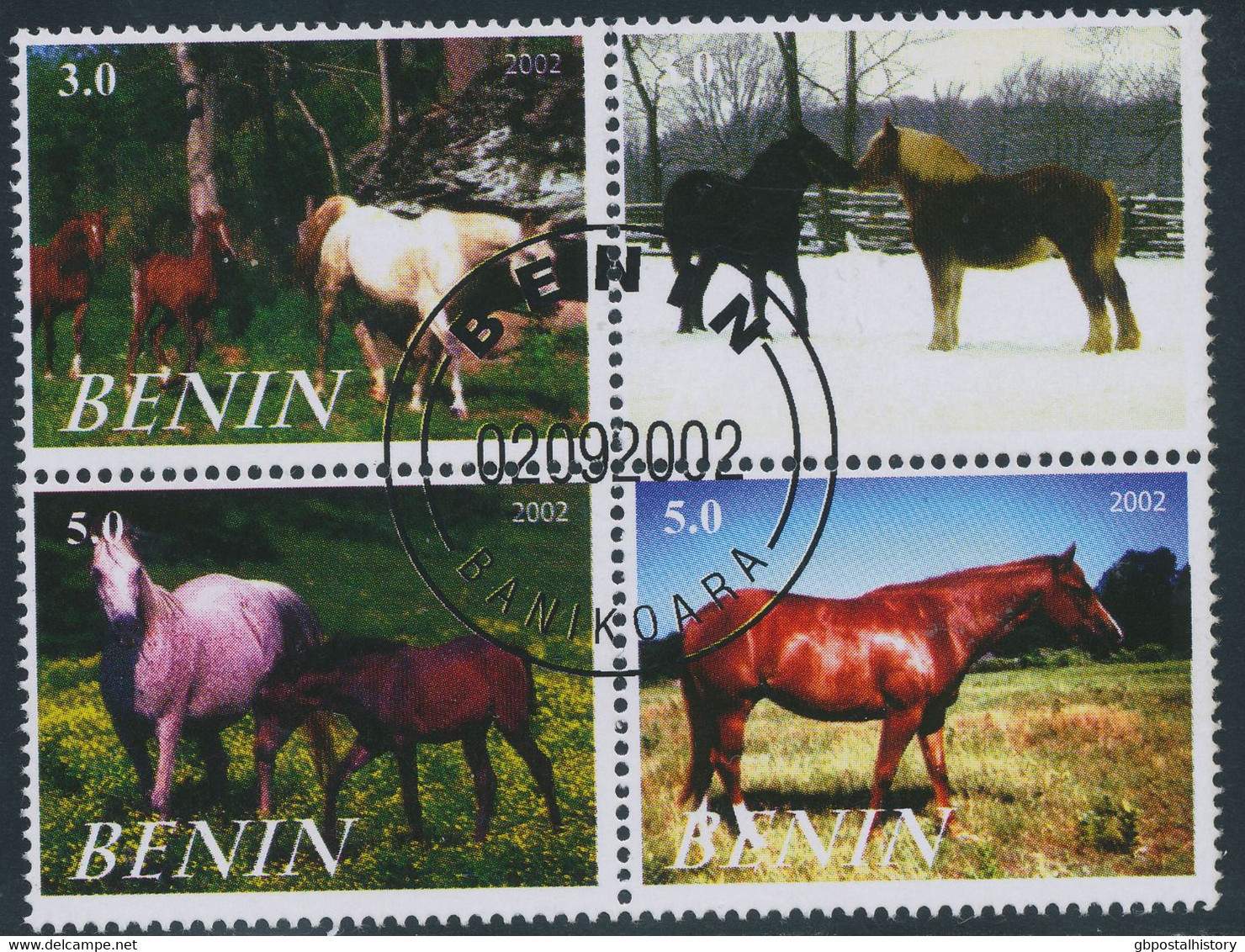 BENIN 2002, Pferde Gest. Kab.-ZD (2 X 3.0 Fr. + 2 X 5.0 Fr.), ABART: MSIING COLORS - Benin - Dahomey (1960-...)